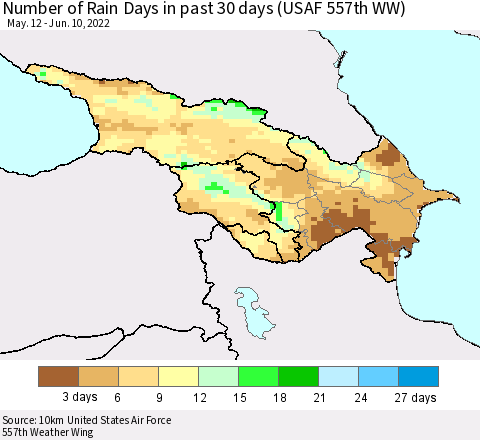 Azerbaijan, Armenia and Georgia Number of Rain Days in past 30 days (USAF 557th WW) 06/10/2022 Thematic Map For 6/6/2022 - 6/10/2022
