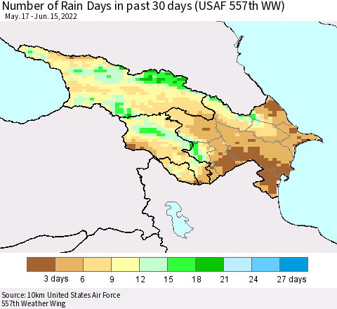 Azerbaijan, Armenia and Georgia Number of Rain Days in past 30 days (USAF 557th WW) 06/15/2022 Thematic Map For 6/11/2022 - 6/15/2022