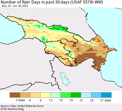 Azerbaijan, Armenia and Georgia Number of Rain Days in past 30 days (USAF 557th WW) 06/20/2022 Thematic Map For 6/16/2022 - 6/20/2022