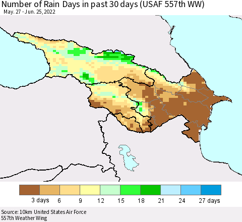 Azerbaijan, Armenia and Georgia Number of Rain Days in past 30 days (USAF 557th WW) 06/25/2022 Thematic Map For 6/21/2022 - 6/25/2022