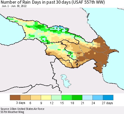 Azerbaijan, Armenia and Georgia Number of Rain Days in past 30 days (USAF 557th WW) 06/30/2022 Thematic Map For 6/26/2022 - 6/30/2022