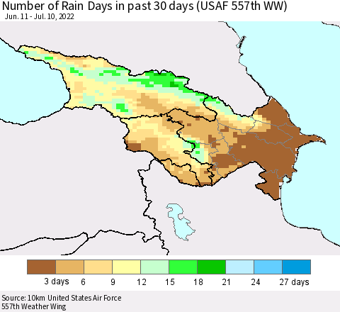 Azerbaijan, Armenia and Georgia Number of Rain Days in past 30 days (USAF 557th WW) 07/10/2022 Thematic Map For 7/6/2022 - 7/10/2022