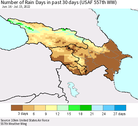 Azerbaijan, Armenia and Georgia Number of Rain Days in past 30 days (USAF 557th WW) 07/15/2022 Thematic Map For 7/11/2022 - 7/15/2022