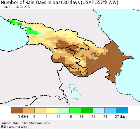 Azerbaijan, Armenia and Georgia Number of Rain Days in past 30 days (USAF 557th WW) 07/20/2022 Thematic Map For 7/16/2022 - 7/20/2022
