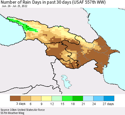Azerbaijan, Armenia and Georgia Number of Rain Days in past 30 days (USAF 557th WW) 07/25/2022 Thematic Map For 7/21/2022 - 7/25/2022