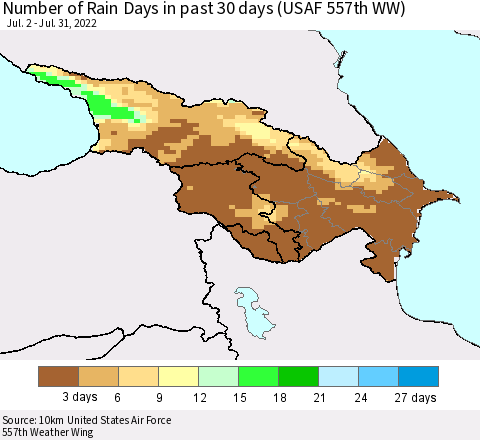 Azerbaijan, Armenia and Georgia Number of Rain Days in past 30 days (USAF 557th WW) 07/31/2022 Thematic Map For 7/26/2022 - 7/31/2022