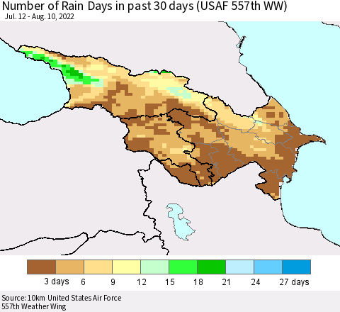 Azerbaijan, Armenia and Georgia Number of Rain Days in past 30 days (USAF 557th WW) 08/10/2022 Thematic Map For 8/6/2022 - 8/10/2022
