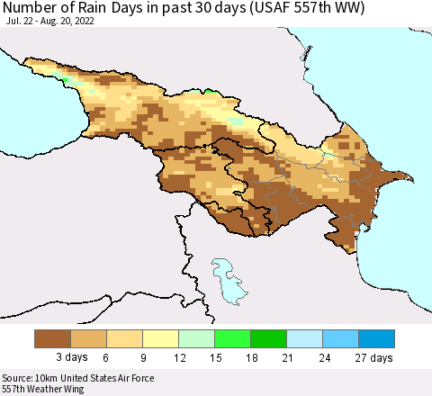 Azerbaijan, Armenia and Georgia Number of Rain Days in past 30 days (USAF 557th WW) 08/20/2022 Thematic Map For 8/16/2022 - 8/20/2022