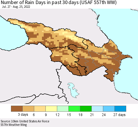 Azerbaijan, Armenia and Georgia Number of Rain Days in past 30 days (USAF 557th WW) 08/25/2022 Thematic Map For 8/21/2022 - 8/25/2022