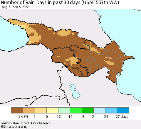 Azerbaijan, Armenia and Georgia Number of Rain Days in past 30 days (USAF 557th WW) 09/05/2022 Thematic Map For 9/1/2022 - 9/5/2022