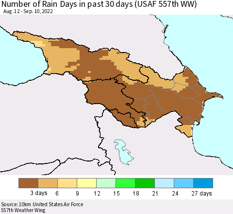 Azerbaijan, Armenia and Georgia Number of Rain Days in past 30 days (USAF 557th WW) 09/10/2022 Thematic Map For 9/6/2022 - 9/10/2022