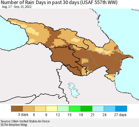 Azerbaijan, Armenia and Georgia Number of Rain Days in past 30 days (USAF 557th WW) 09/15/2022 Thematic Map For 9/11/2022 - 9/15/2022