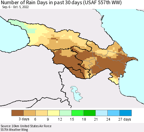 Azerbaijan, Armenia and Georgia Number of Rain Days in past 30 days (USAF 557th WW) 10/05/2022 Thematic Map For 10/1/2022 - 10/5/2022