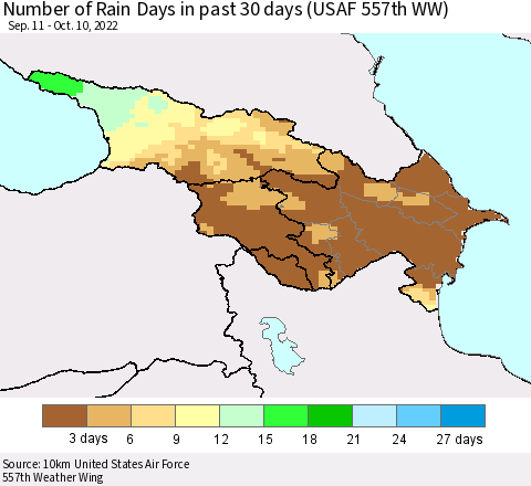 Azerbaijan, Armenia and Georgia Number of Rain Days in past 30 days (USAF 557th WW) 10/10/2022 Thematic Map For 10/6/2022 - 10/10/2022