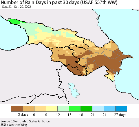 Azerbaijan, Armenia and Georgia Number of Rain Days in past 30 days (USAF 557th WW) 10/20/2022 Thematic Map For 10/16/2022 - 10/20/2022