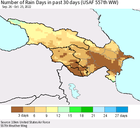 Azerbaijan, Armenia and Georgia Number of Rain Days in past 30 days (USAF 557th WW) 10/25/2022 Thematic Map For 10/21/2022 - 10/25/2022