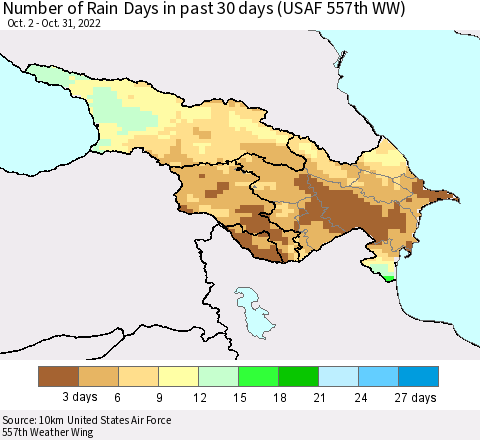 Azerbaijan, Armenia and Georgia Number of Rain Days in past 30 days (USAF 557th WW) 10/31/2022 Thematic Map For 10/26/2022 - 10/31/2022