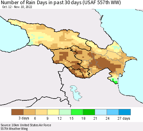Azerbaijan, Armenia and Georgia Number of Rain Days in past 30 days (USAF 557th WW) 11/10/2022 Thematic Map For 11/6/2022 - 11/10/2022