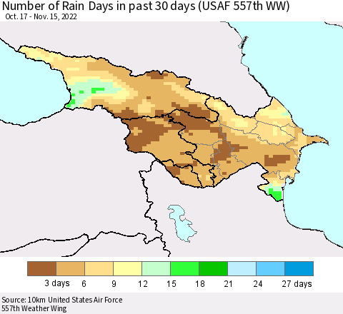 Azerbaijan, Armenia and Georgia Number of Rain Days in past 30 days (USAF 557th WW) 11/15/2022 Thematic Map For 11/11/2022 - 11/15/2022