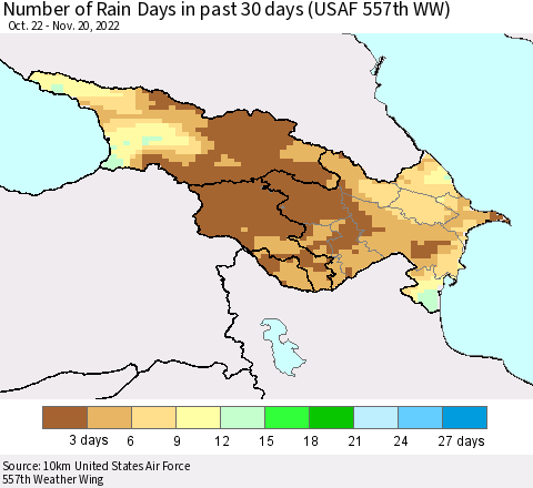 Azerbaijan, Armenia and Georgia Number of Rain Days in past 30 days (USAF 557th WW) 11/20/2022 Thematic Map For 11/16/2022 - 11/20/2022