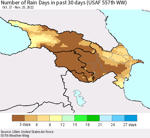 Azerbaijan, Armenia and Georgia Number of Rain Days in past 30 days (USAF 557th WW) 11/25/2022 Thematic Map For 11/21/2022 - 11/25/2022