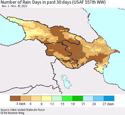 Azerbaijan, Armenia and Georgia Number of Rain Days in past 30 days (USAF 557th WW) 11/30/2022 Thematic Map For 11/26/2022 - 11/30/2022