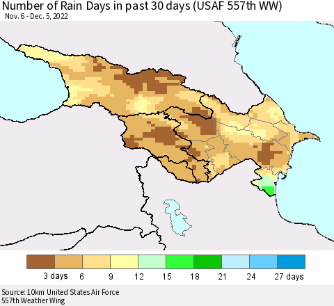 Azerbaijan, Armenia and Georgia Number of Rain Days in past 30 days (USAF 557th WW) 12/05/2022 Thematic Map For 12/1/2022 - 12/5/2022