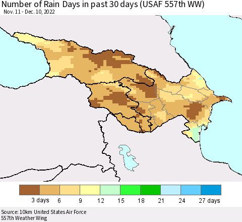 Azerbaijan, Armenia and Georgia Number of Rain Days in past 30 days (USAF 557th WW) 12/10/2022 Thematic Map For 12/6/2022 - 12/10/2022