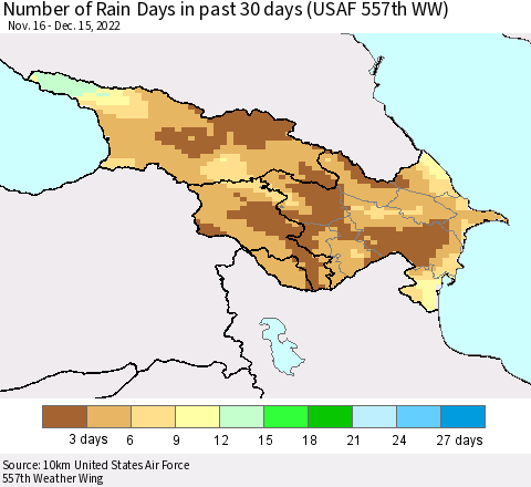 Azerbaijan, Armenia and Georgia Number of Rain Days in past 30 days (USAF 557th WW) 12/15/2022 Thematic Map For 12/11/2022 - 12/15/2022