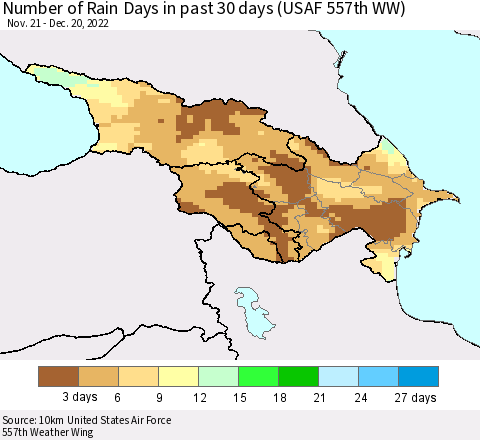 Azerbaijan, Armenia and Georgia Number of Rain Days in past 30 days (USAF 557th WW) 12/20/2022 Thematic Map For 12/16/2022 - 12/20/2022
