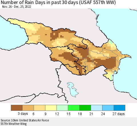 Azerbaijan, Armenia and Georgia Number of Rain Days in past 30 days (USAF 557th WW) 12/25/2022 Thematic Map For 12/21/2022 - 12/25/2022
