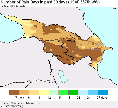Azerbaijan, Armenia and Georgia Number of Rain Days in past 30 days (USAF 557th WW) 12/31/2022 Thematic Map For 12/26/2022 - 12/31/2022