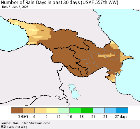 Azerbaijan, Armenia and Georgia Number of Rain Days in past 30 days (USAF 557th WW) 01/05/2023 Thematic Map For 1/1/2023 - 1/5/2023