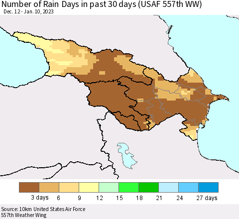 Azerbaijan, Armenia and Georgia Number of Rain Days in past 30 days (USAF 557th WW) 01/10/2023 Thematic Map For 1/6/2023 - 1/10/2023