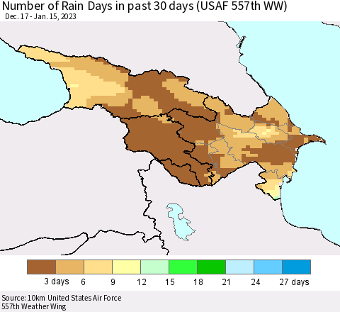 Azerbaijan, Armenia and Georgia Number of Rain Days in past 30 days (USAF 557th WW) 01/15/2023 Thematic Map For 1/11/2023 - 1/15/2023