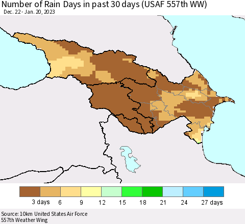 Azerbaijan, Armenia and Georgia Number of Rain Days in past 30 days (USAF 557th WW) 01/20/2023 Thematic Map For 1/16/2023 - 1/20/2023