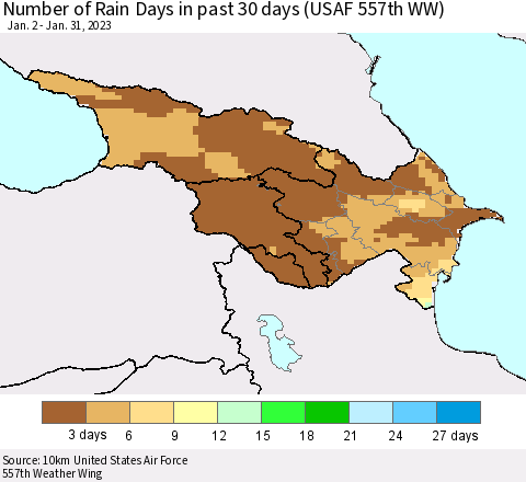 Azerbaijan, Armenia and Georgia Number of Rain Days in past 30 days (USAF 557th WW) 01/31/2023 Thematic Map For 1/26/2023 - 1/31/2023