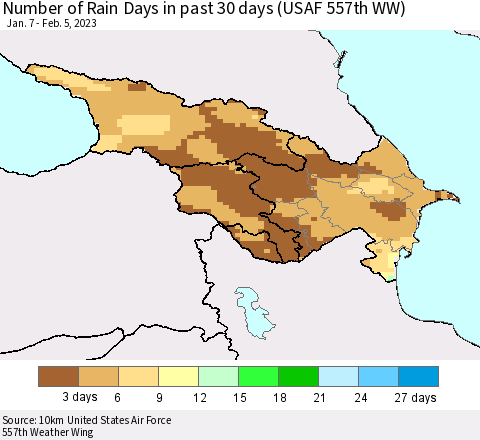 Azerbaijan, Armenia and Georgia Number of Rain Days in past 30 days (USAF 557th WW) 02/05/2023 Thematic Map For 2/1/2023 - 2/5/2023