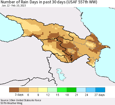Azerbaijan, Armenia and Georgia Number of Rain Days in past 30 days (USAF 557th WW) 02/10/2023 Thematic Map For 2/6/2023 - 2/10/2023