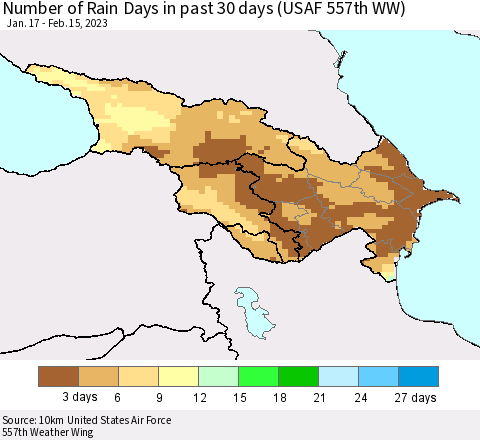 Azerbaijan, Armenia and Georgia Number of Rain Days in past 30 days (USAF 557th WW) 02/15/2023 Thematic Map For 2/11/2023 - 2/15/2023
