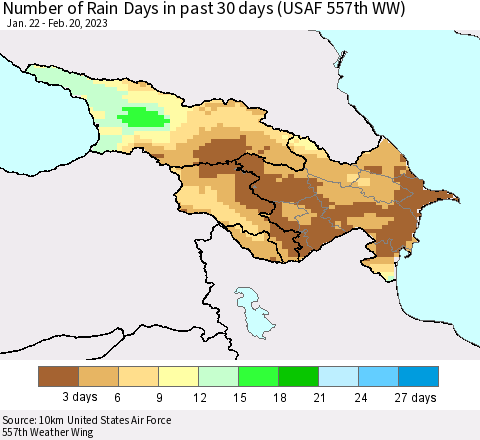 Azerbaijan, Armenia and Georgia Number of Rain Days in past 30 days (USAF 557th WW) 02/20/2023 Thematic Map For 2/16/2023 - 2/20/2023