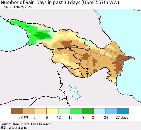 Azerbaijan, Armenia and Georgia Number of Rain Days in past 30 days (USAF 557th WW) 02/25/2023 Thematic Map For 2/21/2023 - 2/25/2023