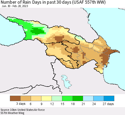 Azerbaijan, Armenia and Georgia Number of Rain Days in past 30 days (USAF 557th WW) 02/28/2023 Thematic Map For 2/26/2023 - 2/28/2023