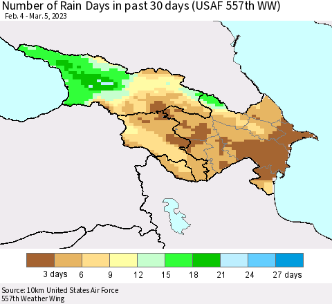 Azerbaijan, Armenia and Georgia Number of Rain Days in past 30 days (USAF 557th WW) 03/05/2023 Thematic Map For 3/1/2023 - 3/5/2023