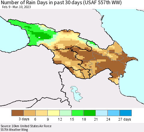 Azerbaijan, Armenia and Georgia Number of Rain Days in past 30 days (USAF 557th WW) 03/10/2023 Thematic Map For 3/6/2023 - 3/10/2023