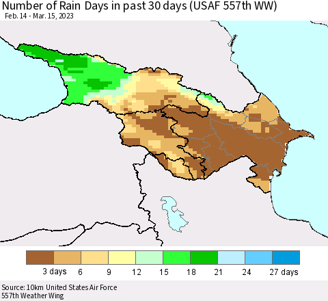 Azerbaijan, Armenia and Georgia Number of Rain Days in past 30 days (USAF 557th WW) 03/15/2023 Thematic Map For 3/11/2023 - 3/15/2023