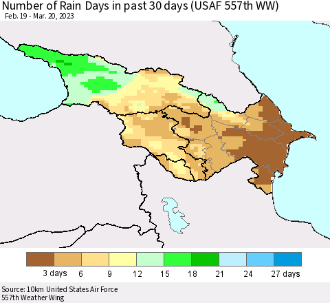 Azerbaijan, Armenia and Georgia Number of Rain Days in past 30 days (USAF 557th WW) 03/20/2023 Thematic Map For 3/16/2023 - 3/20/2023