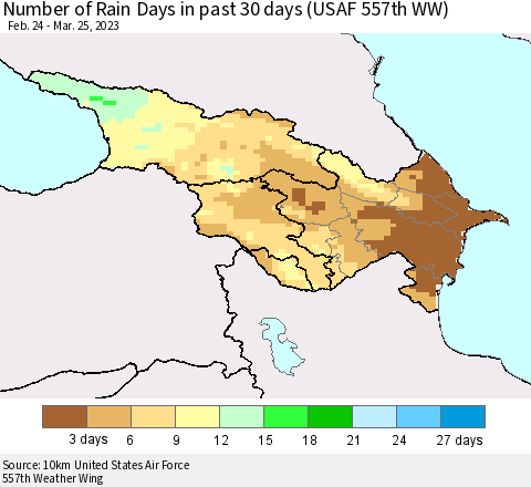 Azerbaijan, Armenia and Georgia Number of Rain Days in past 30 days (USAF 557th WW) 03/25/2023 Thematic Map For 3/21/2023 - 3/25/2023