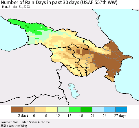 Azerbaijan, Armenia and Georgia Number of Rain Days in past 30 days (USAF 557th WW) 03/31/2023 Thematic Map For 3/26/2023 - 3/31/2023