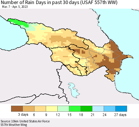 Azerbaijan, Armenia and Georgia Number of Rain Days in past 30 days (USAF 557th WW) 04/05/2023 Thematic Map For 4/1/2023 - 4/5/2023